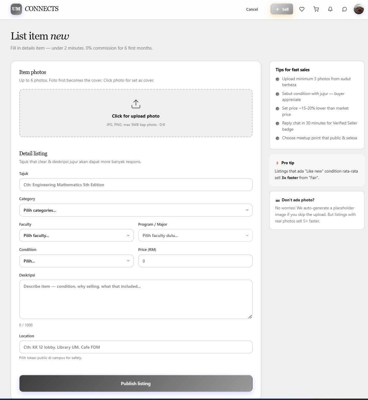 Creating a listing: photo upload, category, faculty, condition and price